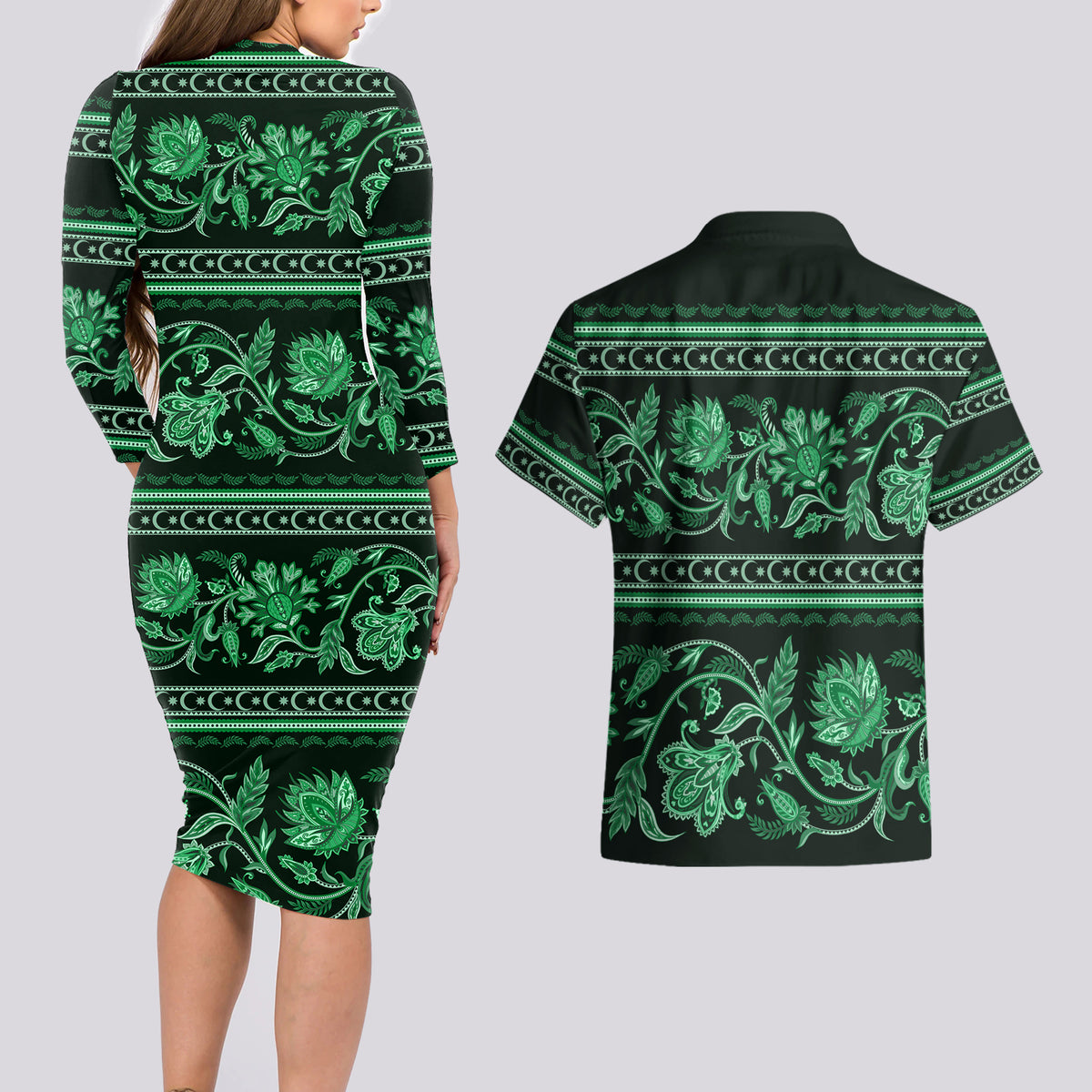 Azerbaijan Couples Matching Long Sleeve Bodycon Dress and Hawaiian Shirt Traditional Pattern Ornament With Flowers Buta Green LT9 - Wonder Print Shop