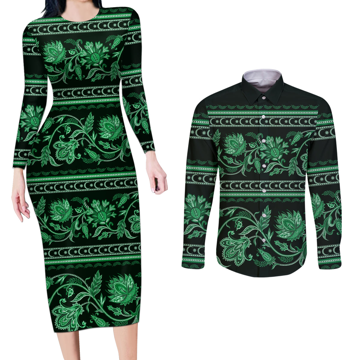 Azerbaijan Couples Matching Long Sleeve Bodycon Dress and Long Sleeve Button Shirts Traditional Pattern Ornament With Flowers Buta Green LT9 - Wonder Print Shop