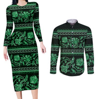 Azerbaijan Couples Matching Long Sleeve Bodycon Dress and Long Sleeve Button Shirts Traditional Pattern Ornament With Flowers Buta Green LT9 - Wonder Print Shop
