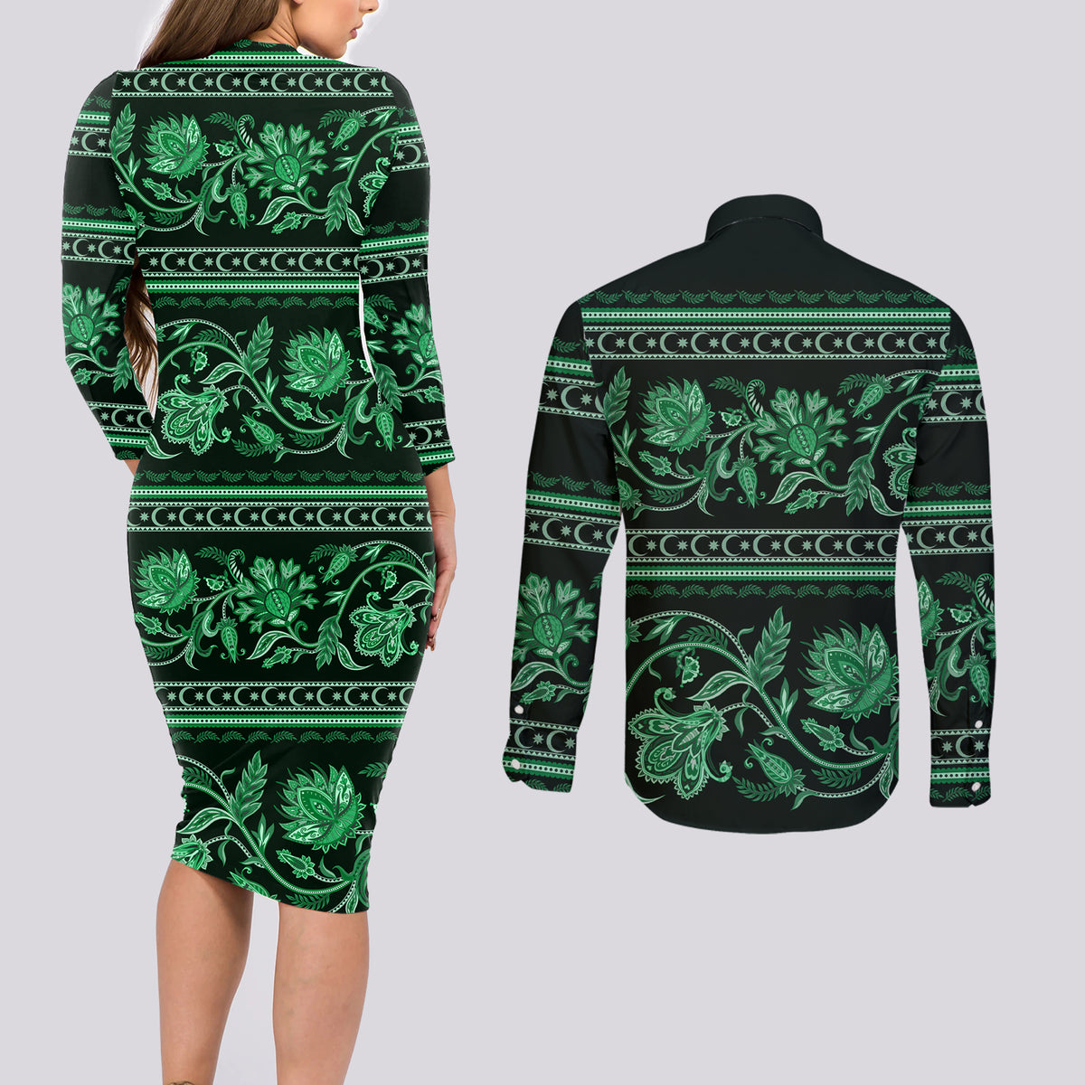 Azerbaijan Couples Matching Long Sleeve Bodycon Dress and Long Sleeve Button Shirts Traditional Pattern Ornament With Flowers Buta Green LT9 - Wonder Print Shop