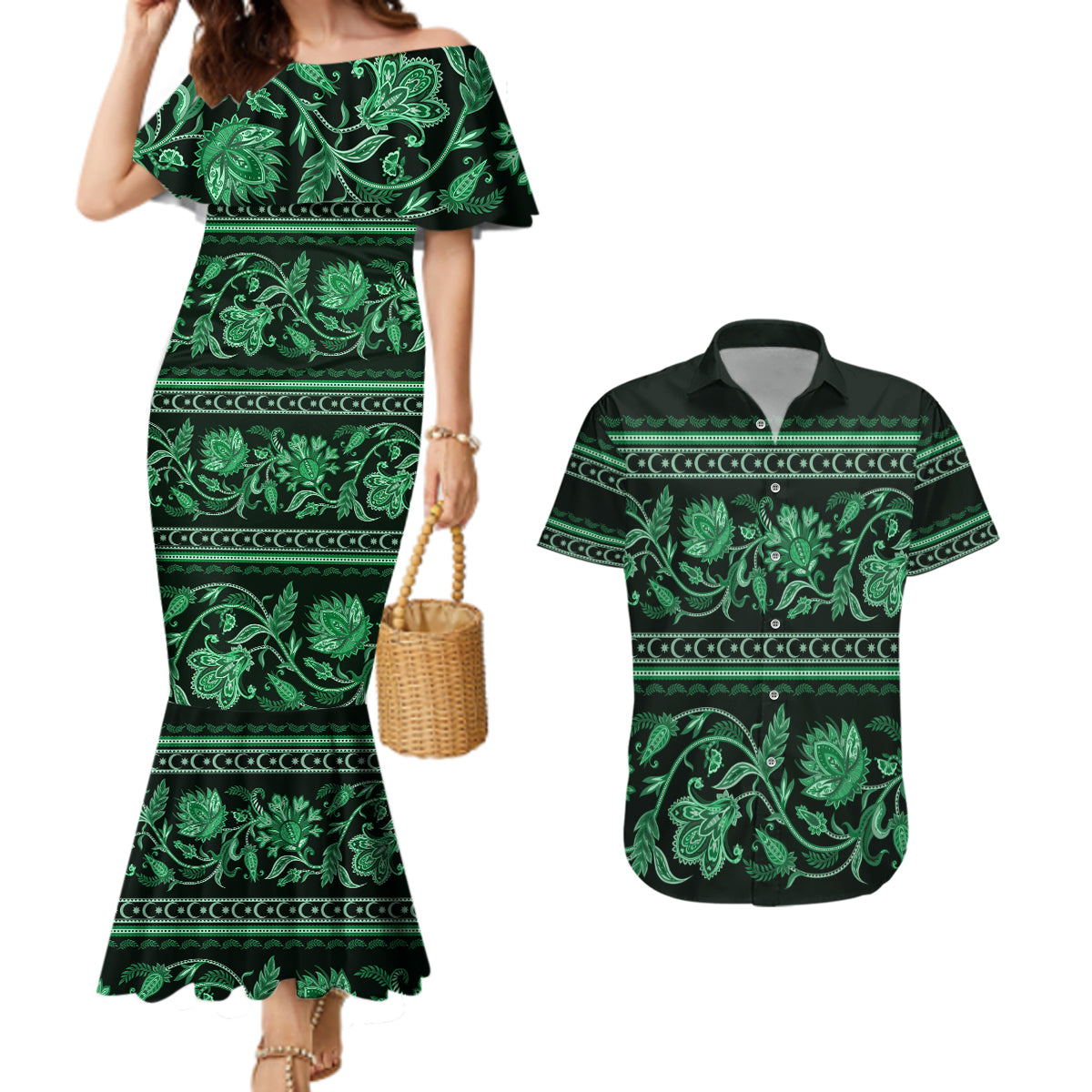 Azerbaijan Couples Matching Mermaid Dress and Hawaiian Shirt Traditional Pattern Ornament With Flowers Buta Green LT9 - Wonder Print Shop