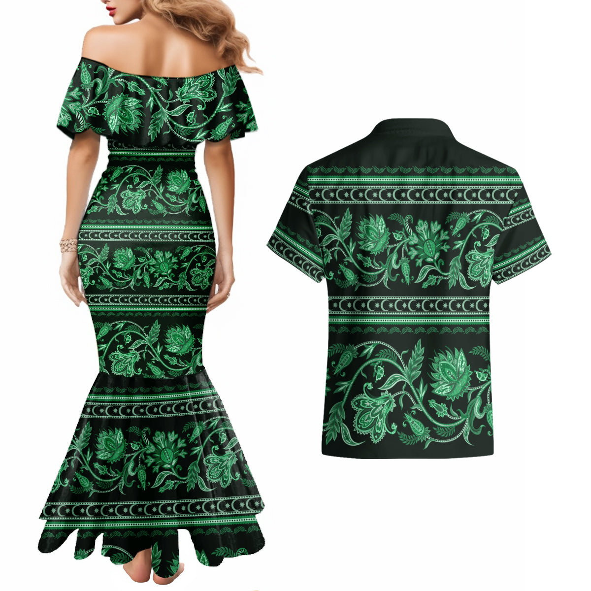 Azerbaijan Couples Matching Mermaid Dress and Hawaiian Shirt Traditional Pattern Ornament With Flowers Buta Green LT9 - Wonder Print Shop
