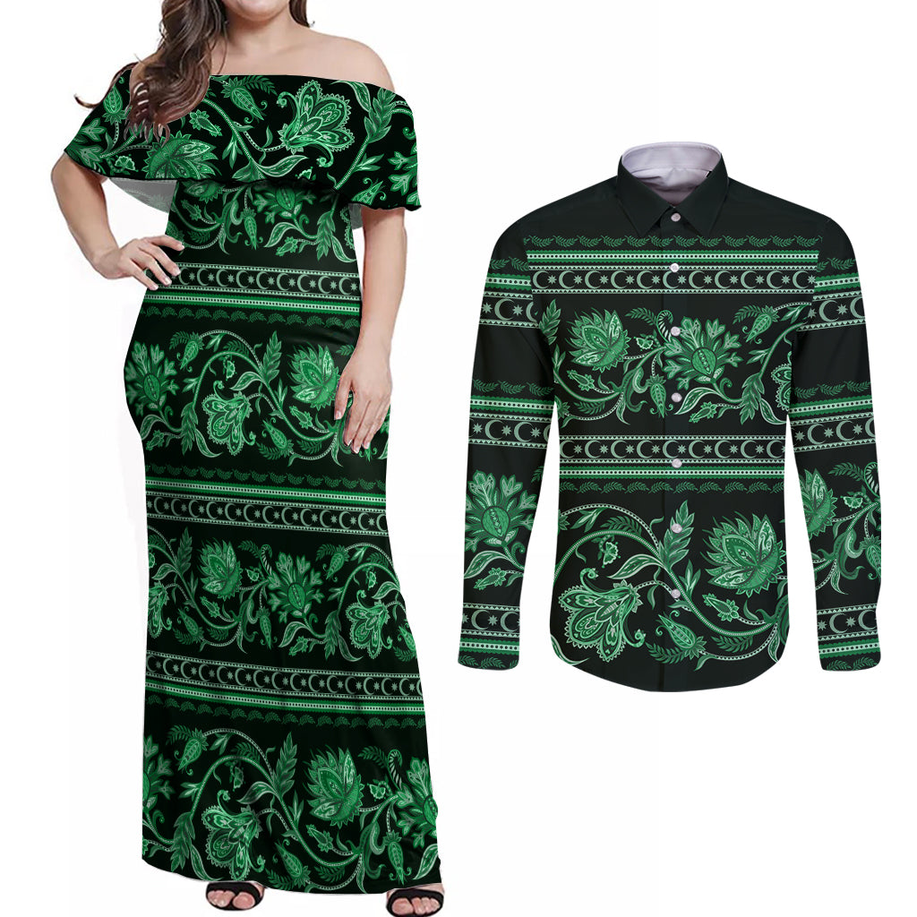 Azerbaijan Couples Matching Off Shoulder Maxi Dress and Long Sleeve Button Shirts Traditional Pattern Ornament With Flowers Buta Green LT9 - Wonder Print Shop