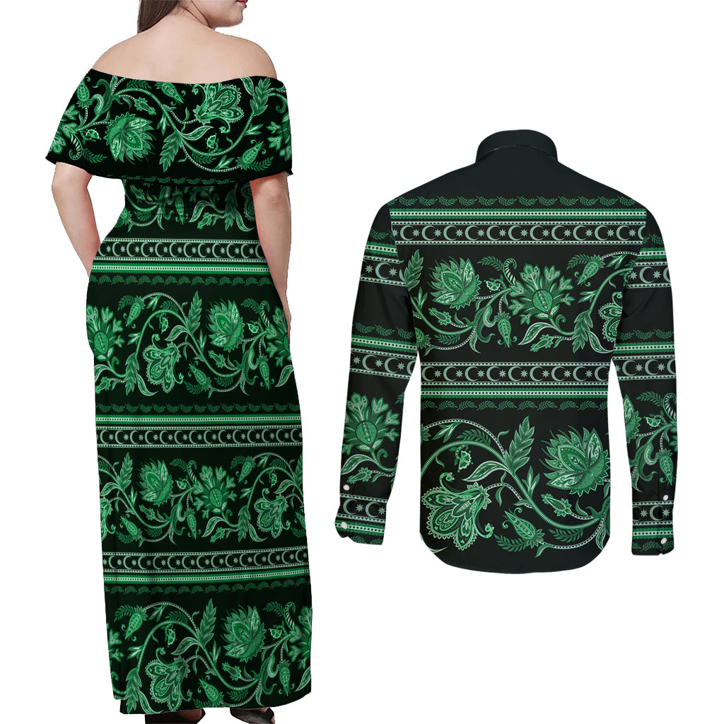 Azerbaijan Couples Matching Off Shoulder Maxi Dress and Long Sleeve Button Shirts Traditional Pattern Ornament With Flowers Buta Green LT9 - Wonder Print Shop