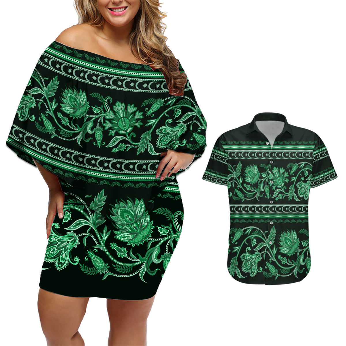 Azerbaijan Couples Matching Off Shoulder Short Dress and Hawaiian Shirt Traditional Pattern Ornament With Flowers Buta Green LT9 - Wonder Print Shop
