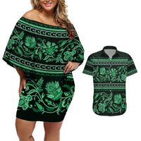 Azerbaijan Couples Matching Off Shoulder Short Dress and Hawaiian Shirt Traditional Pattern Ornament With Flowers Buta Green LT9 - Wonder Print Shop