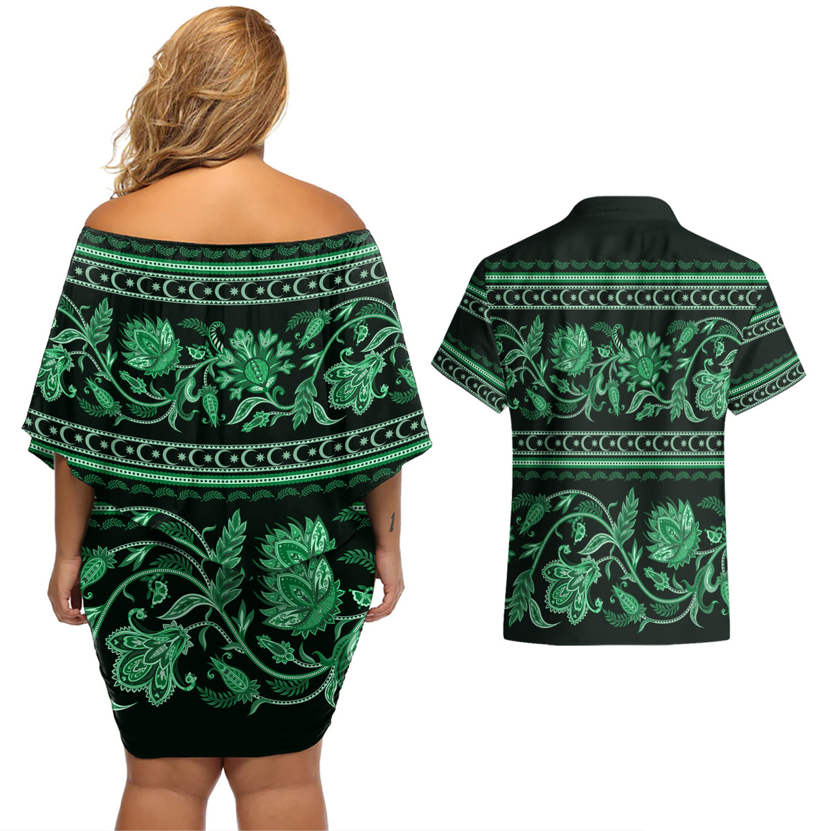 Azerbaijan Couples Matching Off Shoulder Short Dress and Hawaiian Shirt Traditional Pattern Ornament With Flowers Buta Green LT9 - Wonder Print Shop