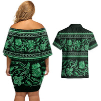 Azerbaijan Couples Matching Off Shoulder Short Dress and Hawaiian Shirt Traditional Pattern Ornament With Flowers Buta Green LT9 - Wonder Print Shop