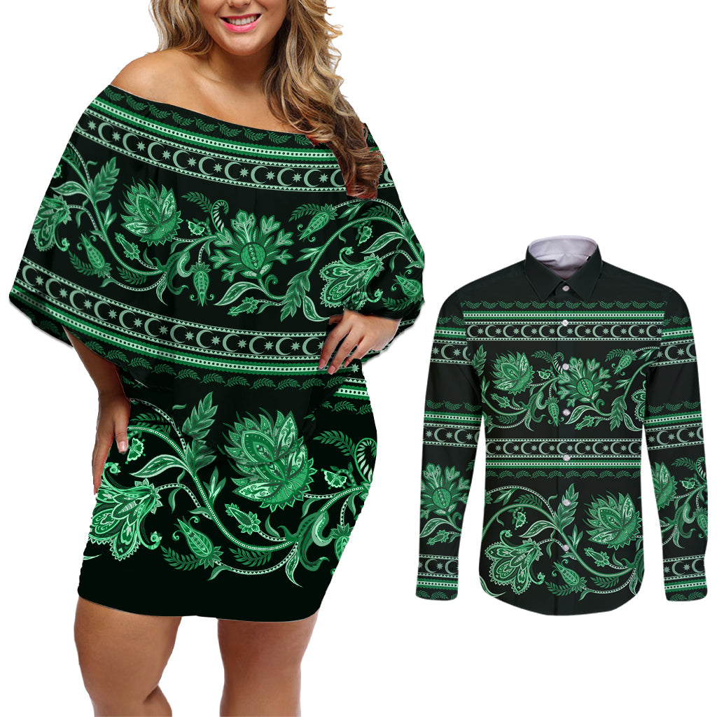Azerbaijan Couples Matching Off Shoulder Short Dress and Long Sleeve Button Shirts Traditional Pattern Ornament With Flowers Buta Green LT9 - Wonder Print Shop