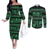 azerbaijan-couples-matching-off-the-shoulder-long-sleeve-dress-and-long-sleeve-button-shirts-traditional-pattern-ornament-with-flowers-buta-green