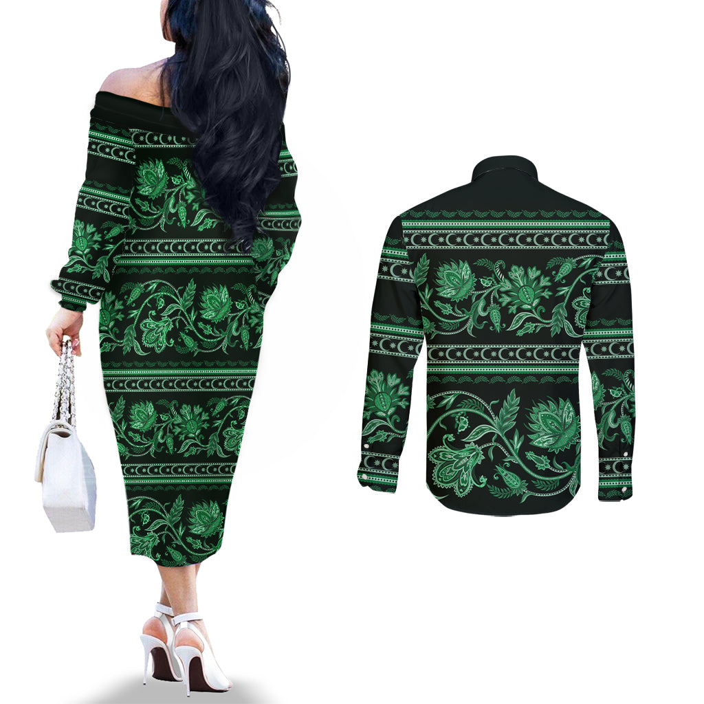 azerbaijan-couples-matching-off-the-shoulder-long-sleeve-dress-and-long-sleeve-button-shirts-traditional-pattern-ornament-with-flowers-buta-green