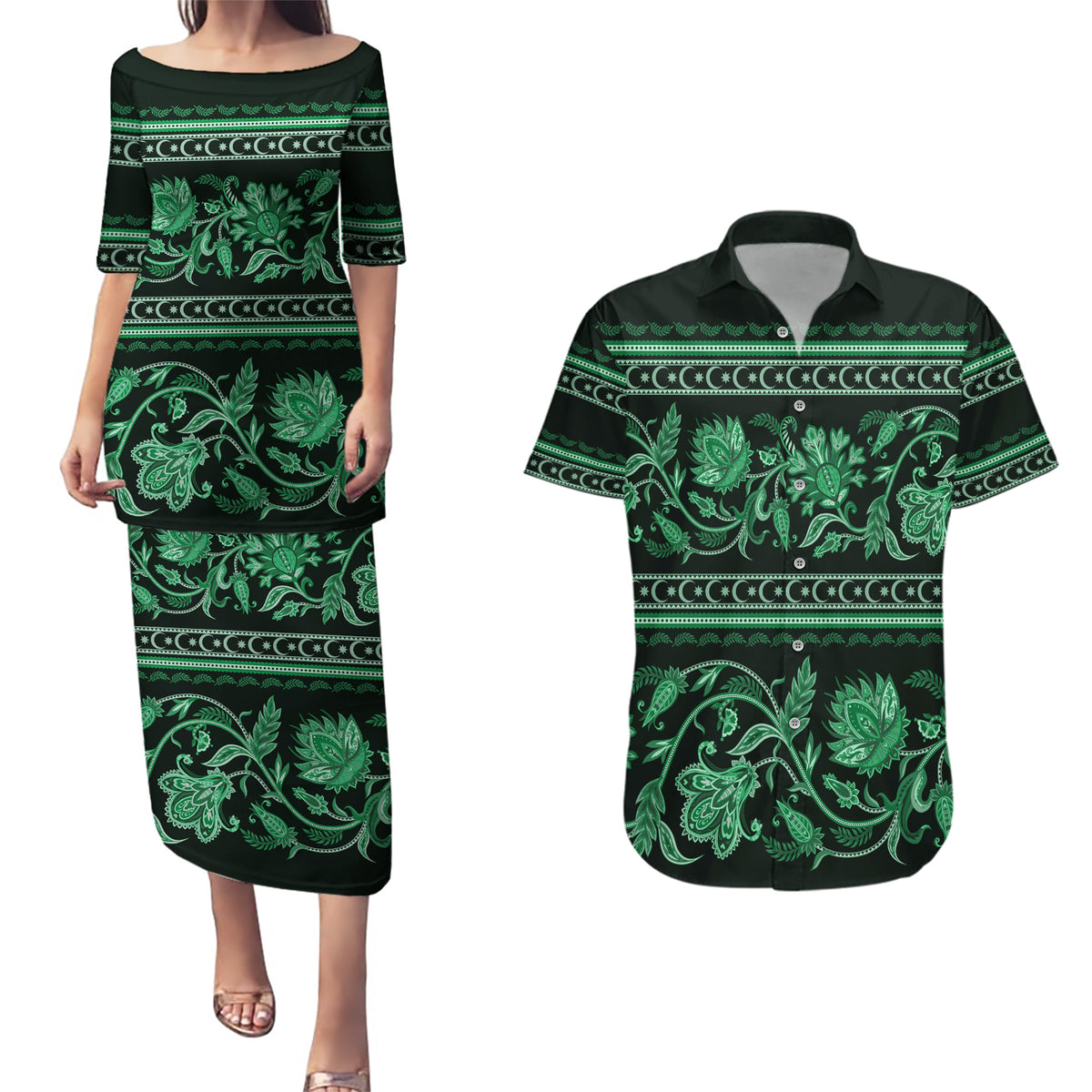 Azerbaijan Couples Matching Puletasi Dress and Hawaiian Shirt Traditional Pattern Ornament With Flowers Buta Green LT9 - Wonder Print Shop