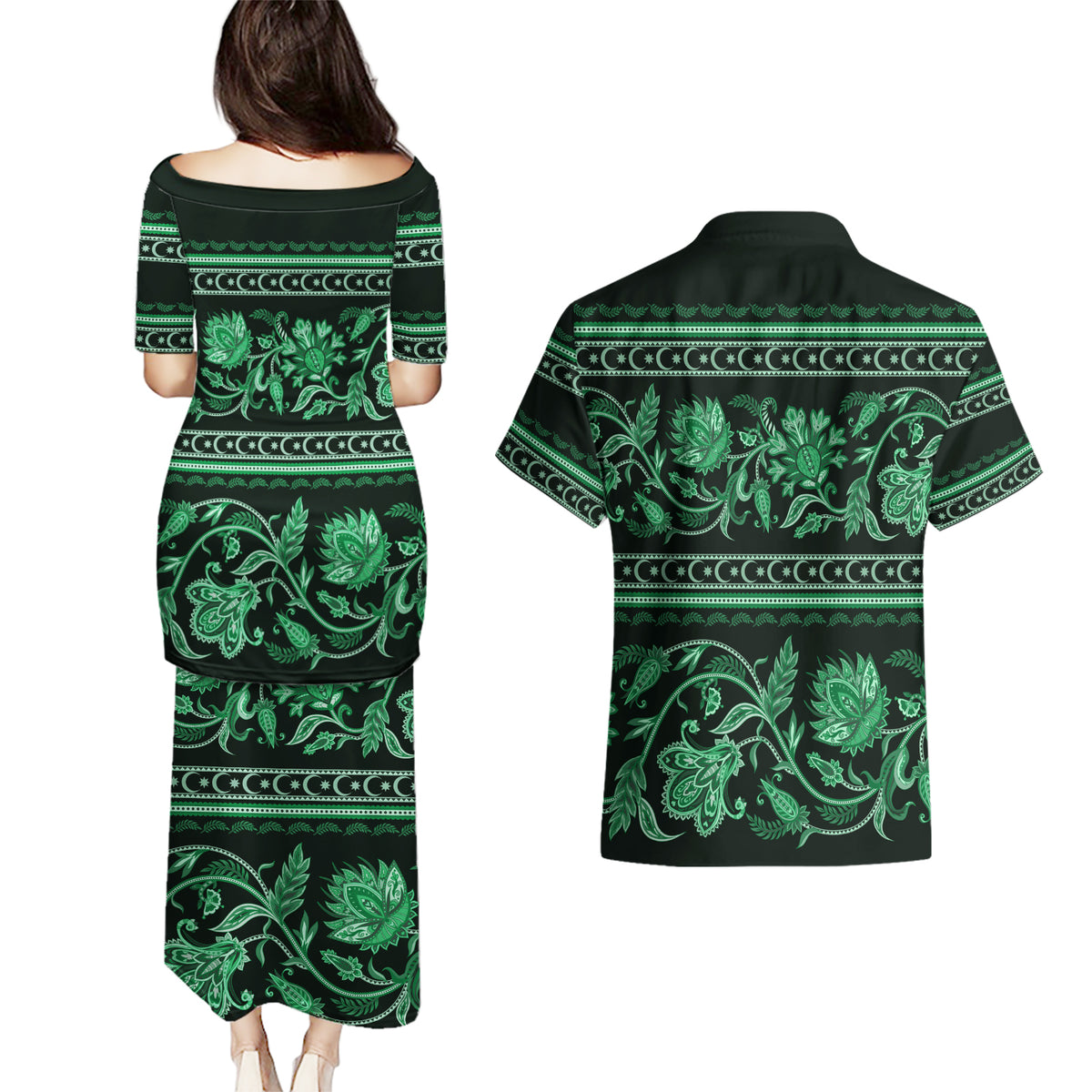 Azerbaijan Couples Matching Puletasi Dress and Hawaiian Shirt Traditional Pattern Ornament With Flowers Buta Green LT9 - Wonder Print Shop