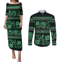 Azerbaijan Couples Matching Puletasi Dress and Long Sleeve Button Shirts Traditional Pattern Ornament With Flowers Buta Green LT9 - Wonder Print Shop
