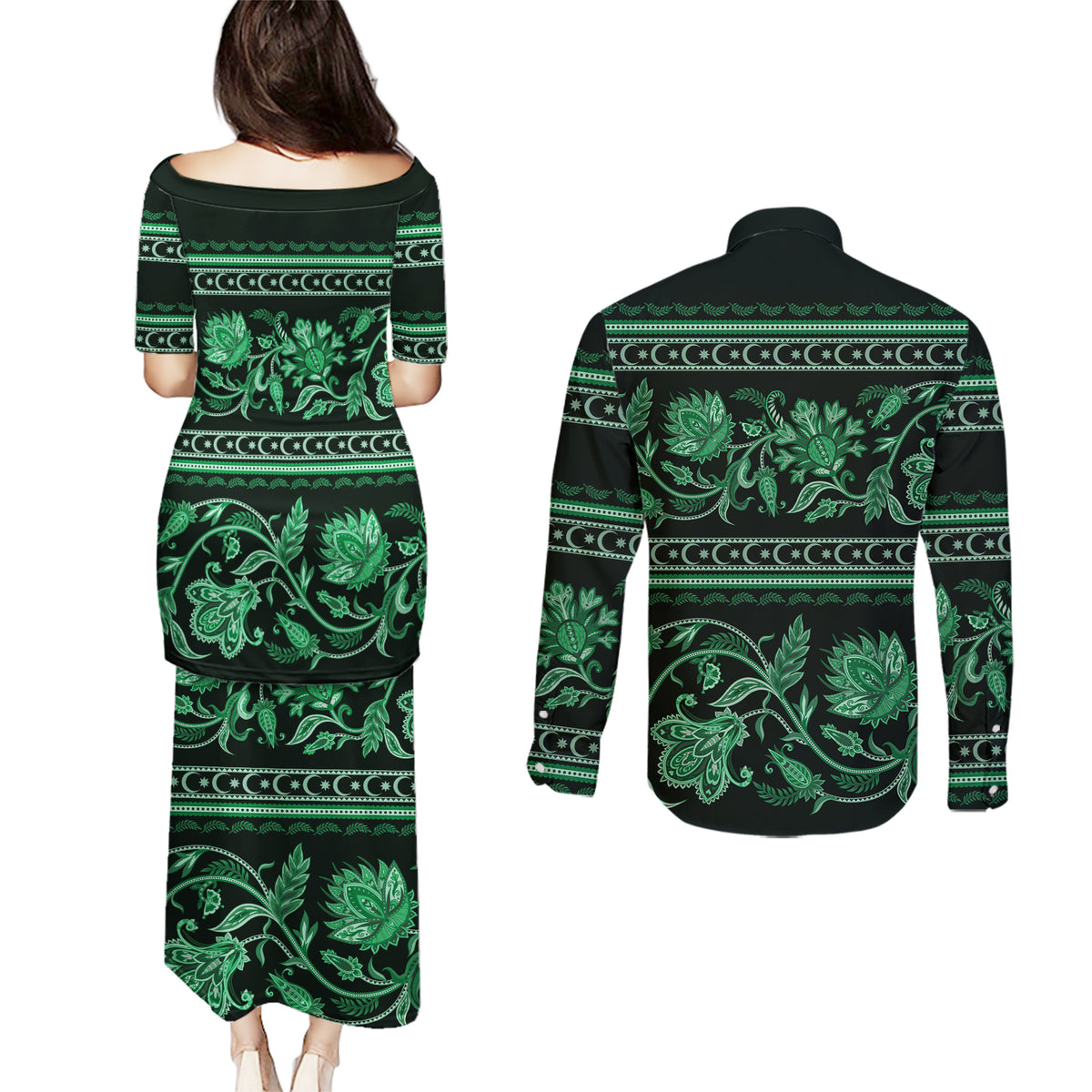 Azerbaijan Couples Matching Puletasi Dress and Long Sleeve Button Shirts Traditional Pattern Ornament With Flowers Buta Green LT9 - Wonder Print Shop