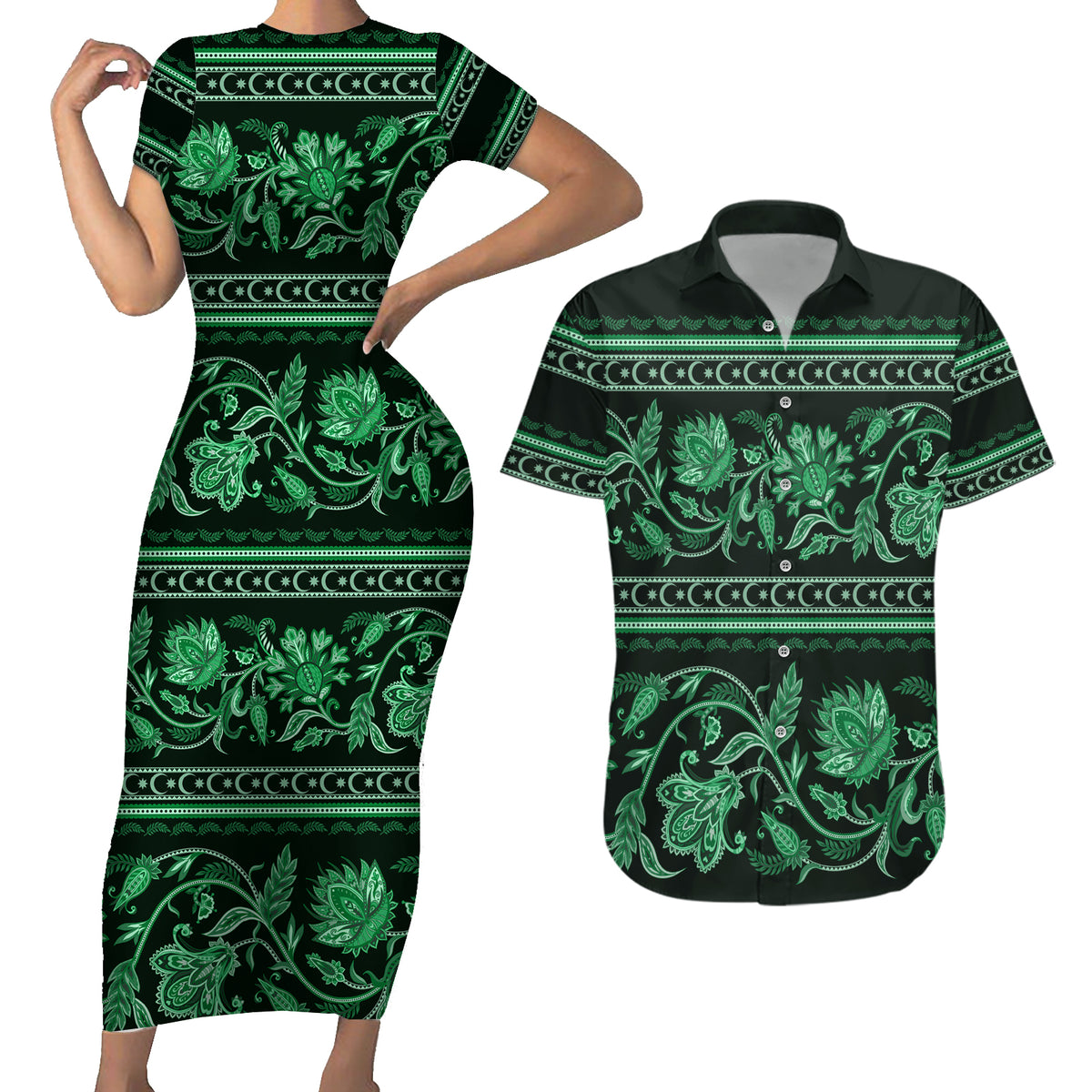 Azerbaijan Couples Matching Short Sleeve Bodycon Dress and Hawaiian Shirt Traditional Pattern Ornament With Flowers Buta Green LT9 - Wonder Print Shop