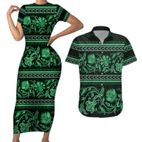 Azerbaijan Couples Matching Short Sleeve Bodycon Dress and Hawaiian Shirt Traditional Pattern Ornament With Flowers Buta Green LT9 - Wonder Print Shop