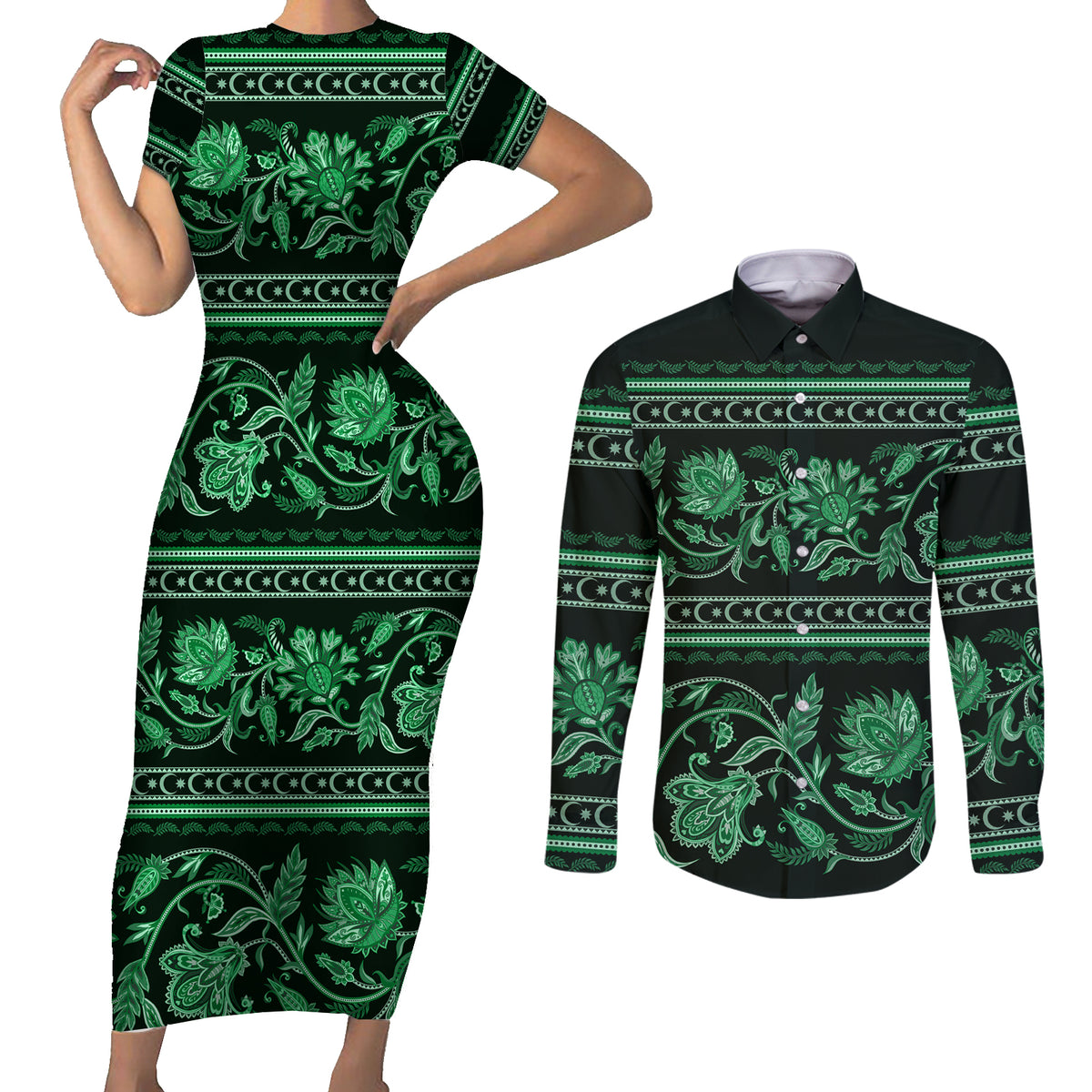Azerbaijan Couples Matching Short Sleeve Bodycon Dress and Long Sleeve Button Shirts Traditional Pattern Ornament With Flowers Buta Green LT9 - Wonder Print Shop