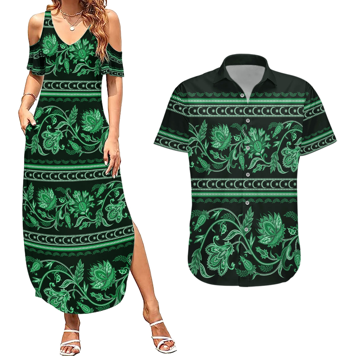 Azerbaijan Couples Matching Summer Maxi Dress and Hawaiian Shirt Traditional Pattern Ornament With Flowers Buta Green LT9 - Wonder Print Shop