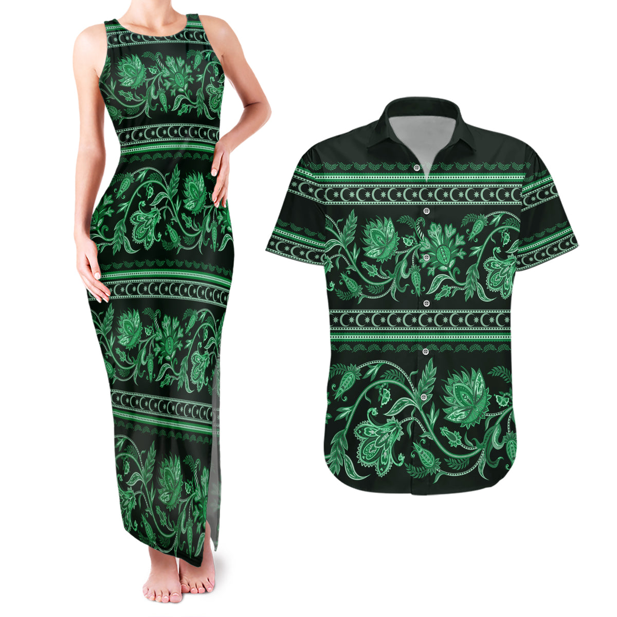 Azerbaijan Couples Matching Tank Maxi Dress and Hawaiian Shirt Traditional Pattern Ornament With Flowers Buta Green LT9 - Wonder Print Shop