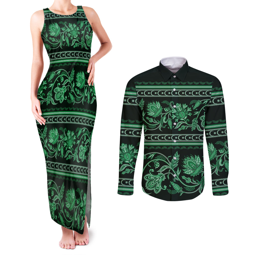 Azerbaijan Couples Matching Tank Maxi Dress and Long Sleeve Button Shirts Traditional Pattern Ornament With Flowers Buta Green LT9 - Wonder Print Shop