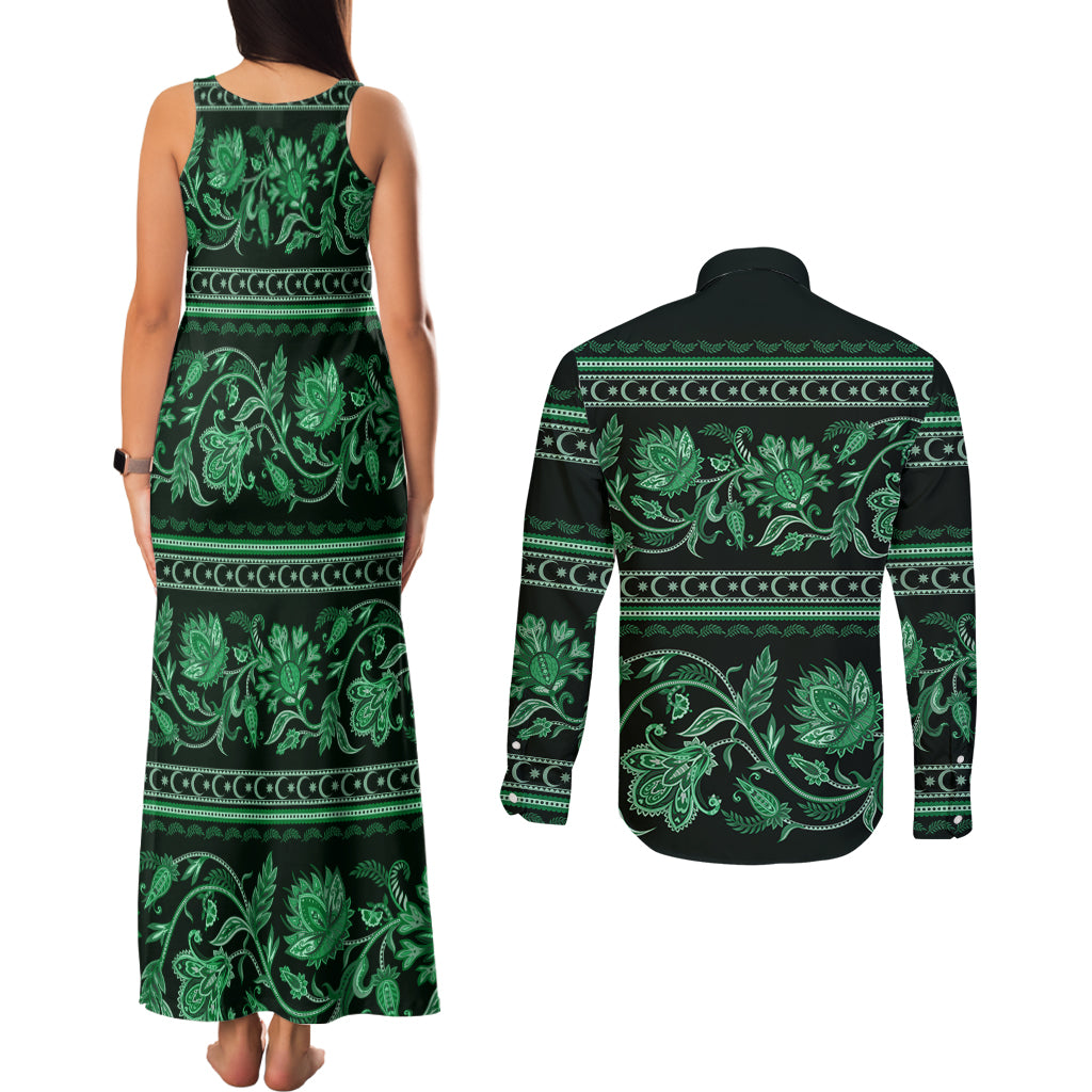 Azerbaijan Couples Matching Tank Maxi Dress and Long Sleeve Button Shirts Traditional Pattern Ornament With Flowers Buta Green LT9 - Wonder Print Shop