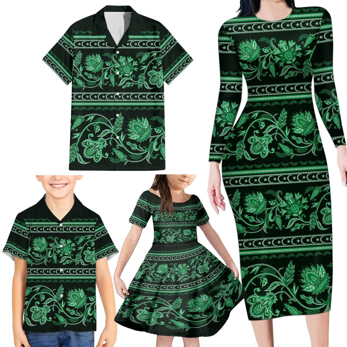Azerbaijan Family Matching Long Sleeve Bodycon Dress and Hawaiian Shirt Traditional Pattern Ornament With Flowers Buta Green LT9 - Wonder Print Shop