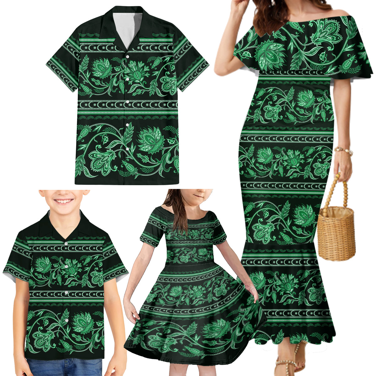 Azerbaijan Family Matching Mermaid Dress and Hawaiian Shirt Traditional Pattern Ornament With Flowers Buta Green LT9 - Wonder Print Shop