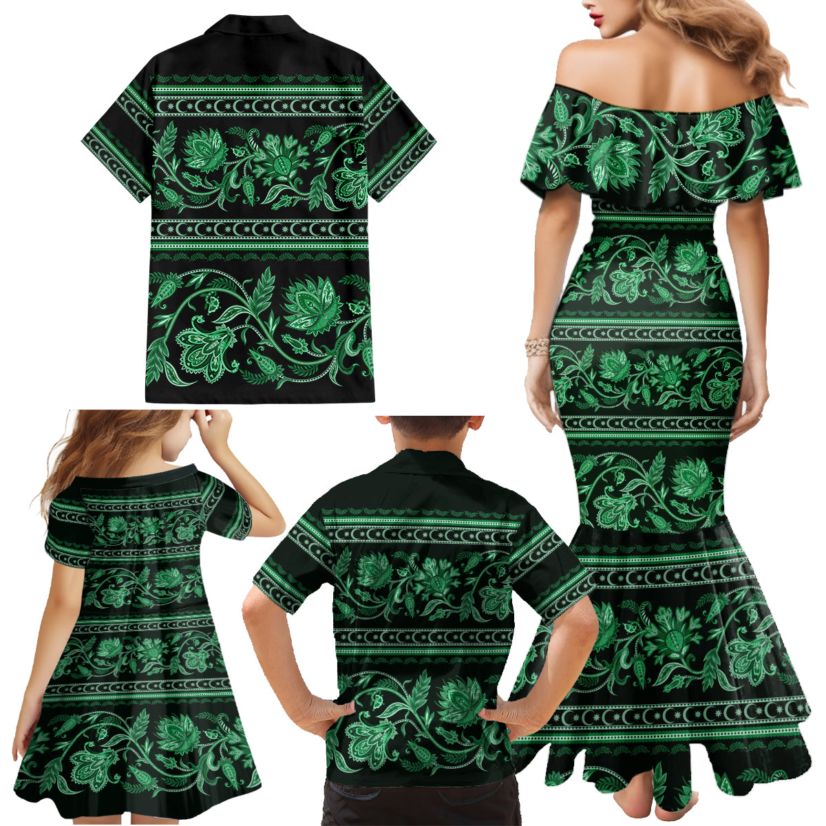 Azerbaijan Family Matching Mermaid Dress and Hawaiian Shirt Traditional Pattern Ornament With Flowers Buta Green LT9 - Wonder Print Shop