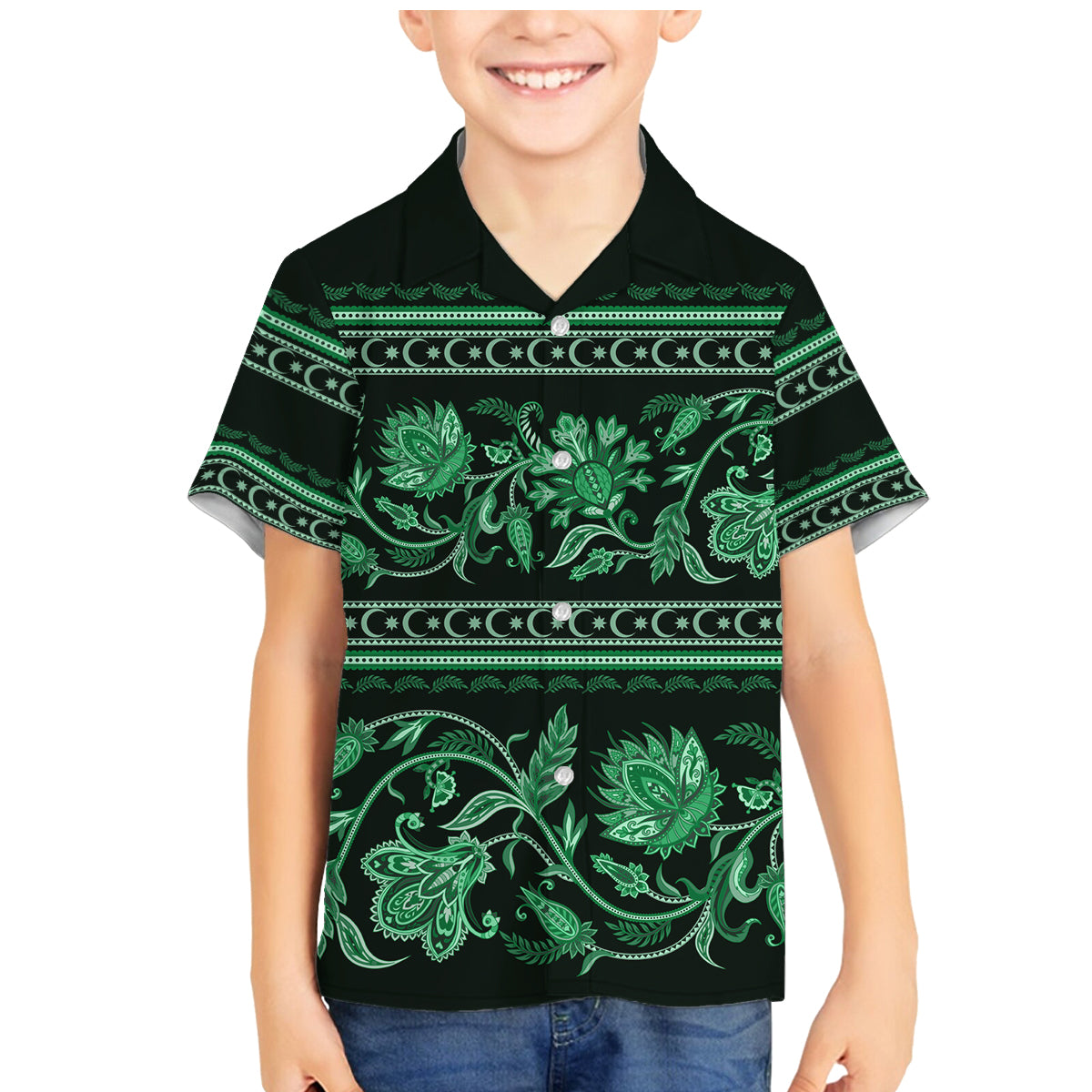 Azerbaijan Family Matching Mermaid Dress and Hawaiian Shirt Traditional Pattern Ornament With Flowers Buta Green LT9 - Wonder Print Shop