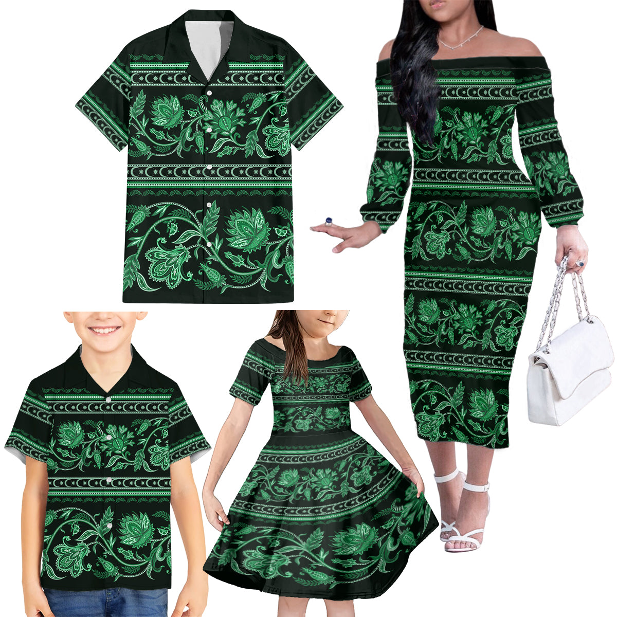 Azerbaijan Family Matching Off Shoulder Long Sleeve Dress and Hawaiian Shirt Traditional Pattern Ornament With Flowers Buta Green - Wonder Print Shop