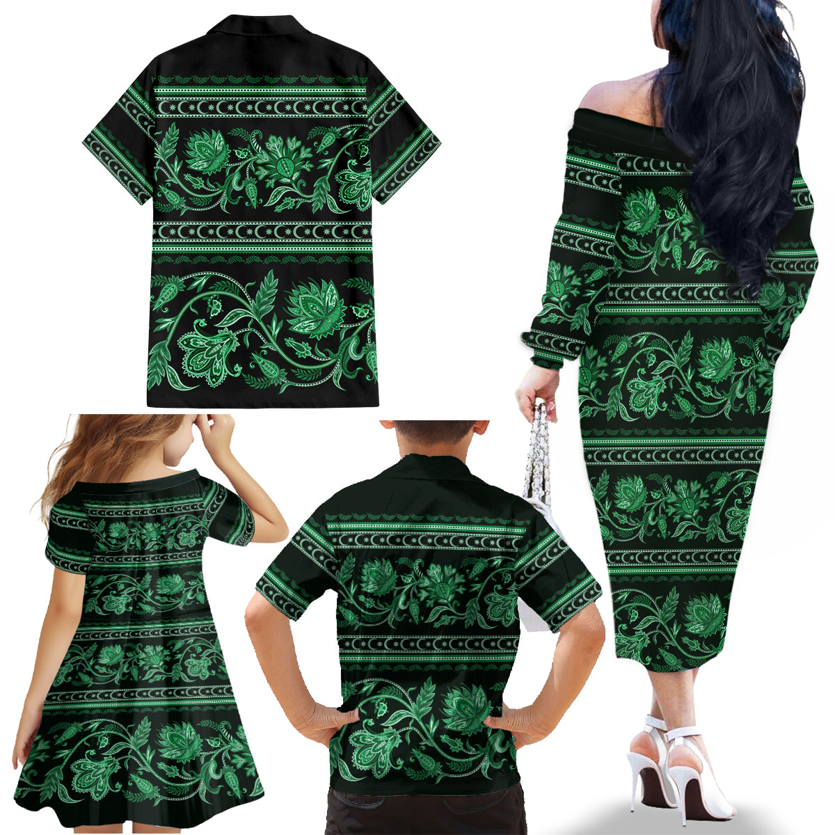 Azerbaijan Family Matching Off Shoulder Long Sleeve Dress and Hawaiian Shirt Traditional Pattern Ornament With Flowers Buta Green - Wonder Print Shop