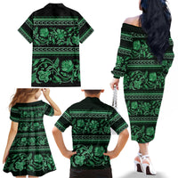 Azerbaijan Family Matching Off Shoulder Long Sleeve Dress and Hawaiian Shirt Traditional Pattern Ornament With Flowers Buta Green - Wonder Print Shop