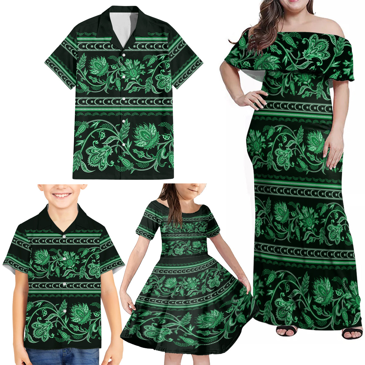 Azerbaijan Family Matching Off Shoulder Maxi Dress and Hawaiian Shirt Traditional Pattern Ornament With Flowers Buta Green LT9 - Wonder Print Shop