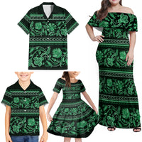 Azerbaijan Family Matching Off Shoulder Maxi Dress and Hawaiian Shirt Traditional Pattern Ornament With Flowers Buta Green LT9 - Wonder Print Shop
