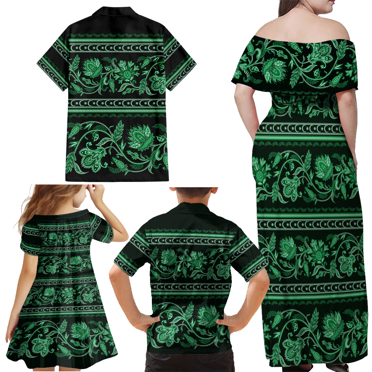 Azerbaijan Family Matching Off Shoulder Maxi Dress and Hawaiian Shirt Traditional Pattern Ornament With Flowers Buta Green LT9 - Wonder Print Shop