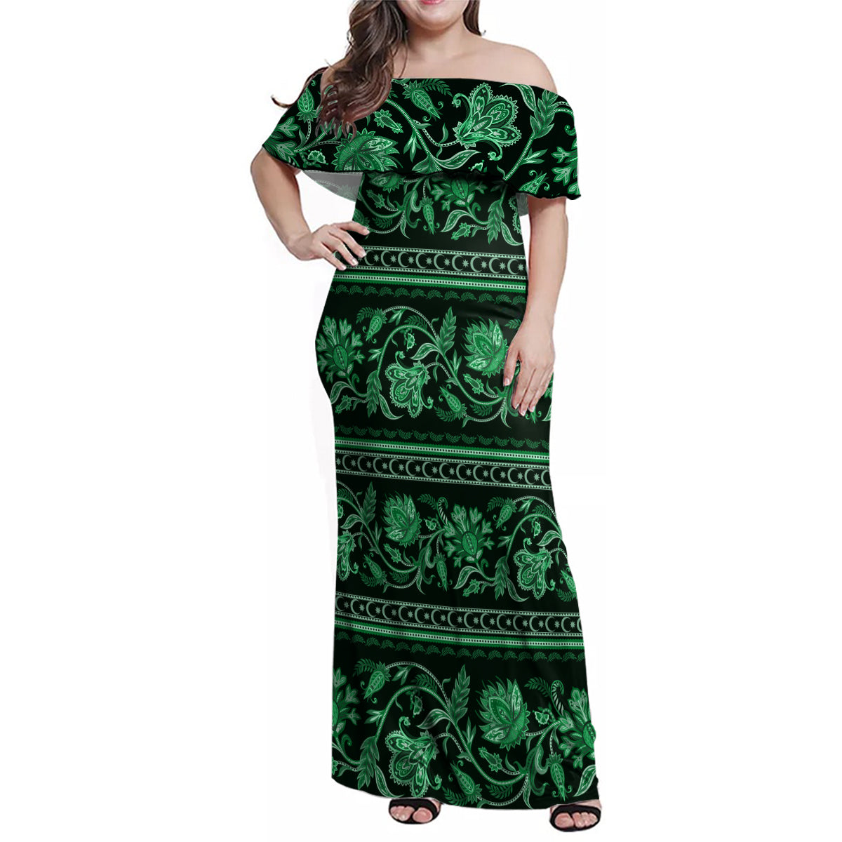 Azerbaijan Family Matching Off Shoulder Maxi Dress and Hawaiian Shirt Traditional Pattern Ornament With Flowers Buta Green LT9 - Wonder Print Shop
