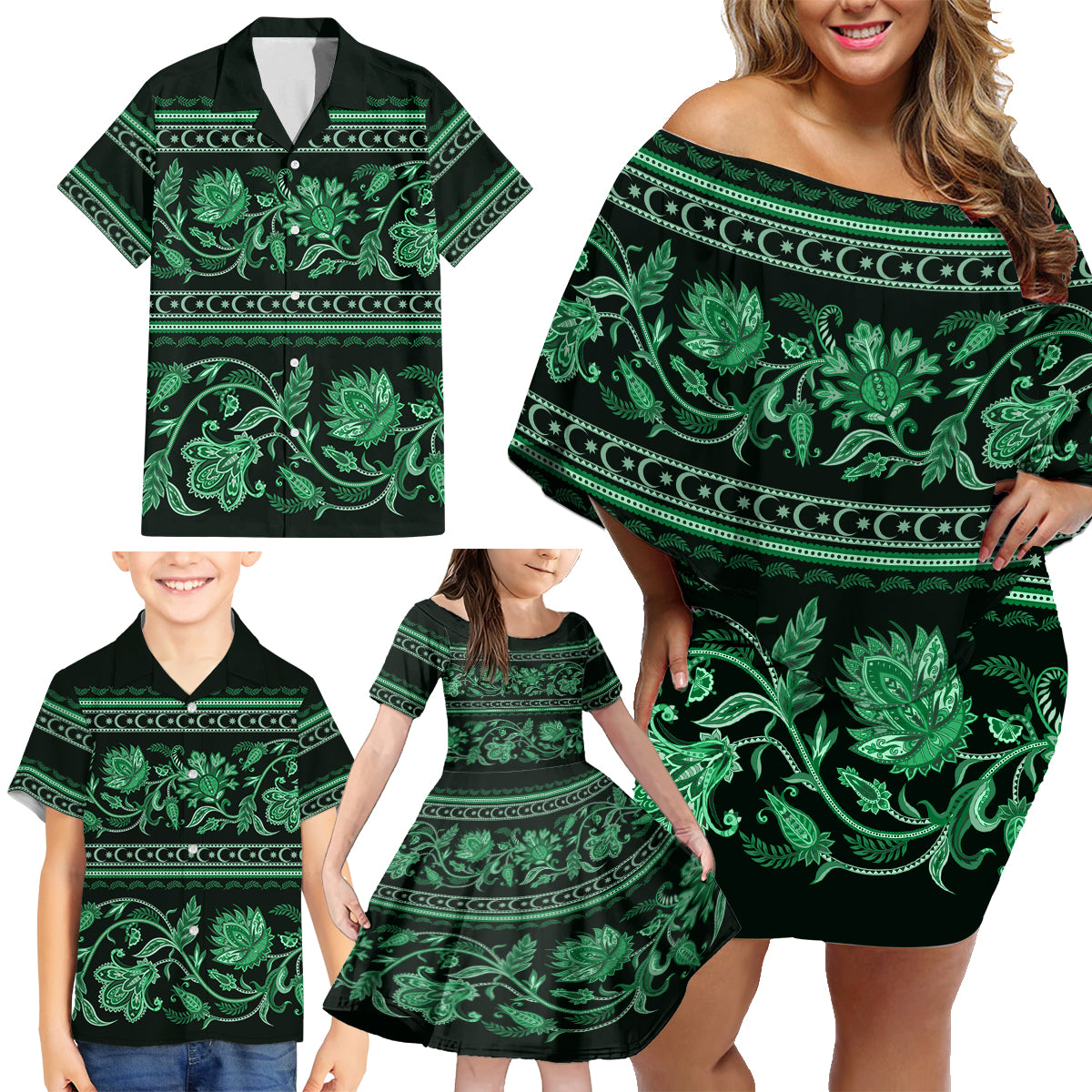 Azerbaijan Family Matching Off Shoulder Short Dress and Hawaiian Shirt Traditional Pattern Ornament With Flowers Buta Green LT9 - Wonder Print Shop