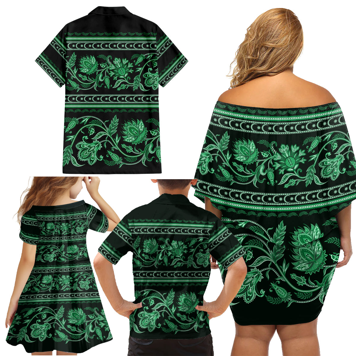 Azerbaijan Family Matching Off Shoulder Short Dress and Hawaiian Shirt Traditional Pattern Ornament With Flowers Buta Green LT9 - Wonder Print Shop