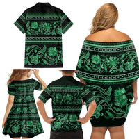 Azerbaijan Family Matching Off Shoulder Short Dress and Hawaiian Shirt Traditional Pattern Ornament With Flowers Buta Green LT9 - Wonder Print Shop