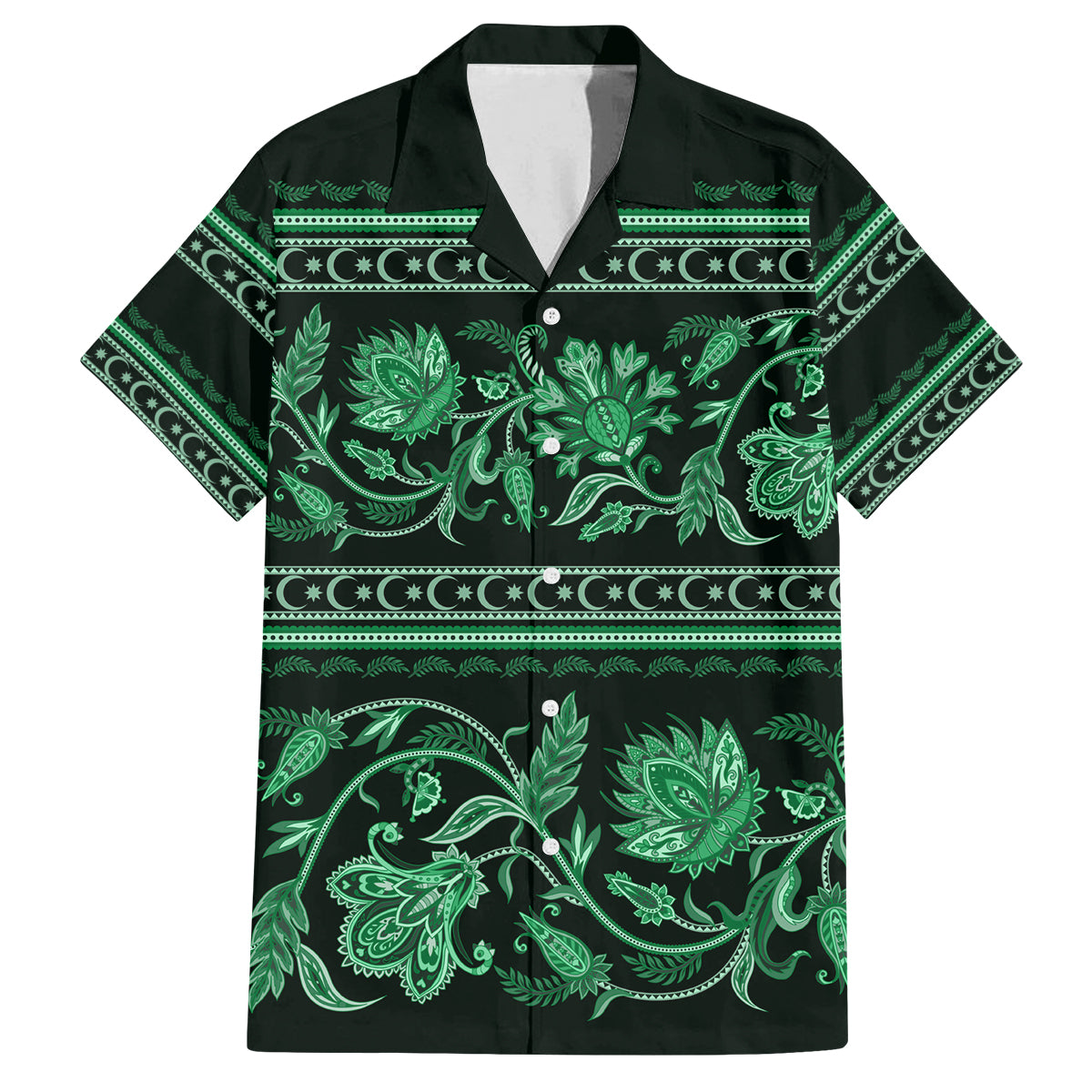 Azerbaijan Family Matching Off Shoulder Short Dress and Hawaiian Shirt Traditional Pattern Ornament With Flowers Buta Green LT9 - Wonder Print Shop