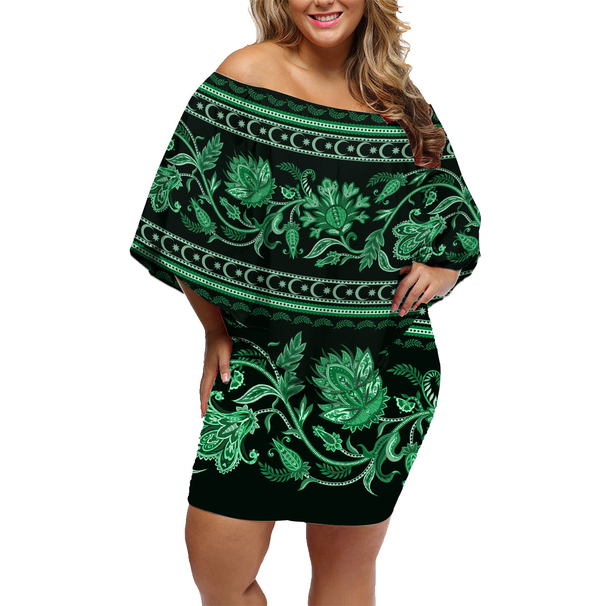 Azerbaijan Family Matching Off Shoulder Short Dress and Hawaiian Shirt Traditional Pattern Ornament With Flowers Buta Green LT9 - Wonder Print Shop