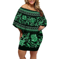 Azerbaijan Family Matching Off Shoulder Short Dress and Hawaiian Shirt Traditional Pattern Ornament With Flowers Buta Green LT9 - Wonder Print Shop