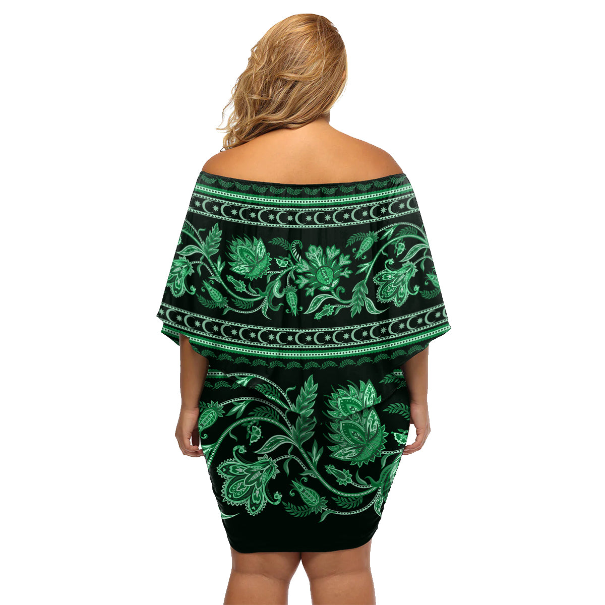 Azerbaijan Family Matching Off Shoulder Short Dress and Hawaiian Shirt Traditional Pattern Ornament With Flowers Buta Green LT9 - Wonder Print Shop
