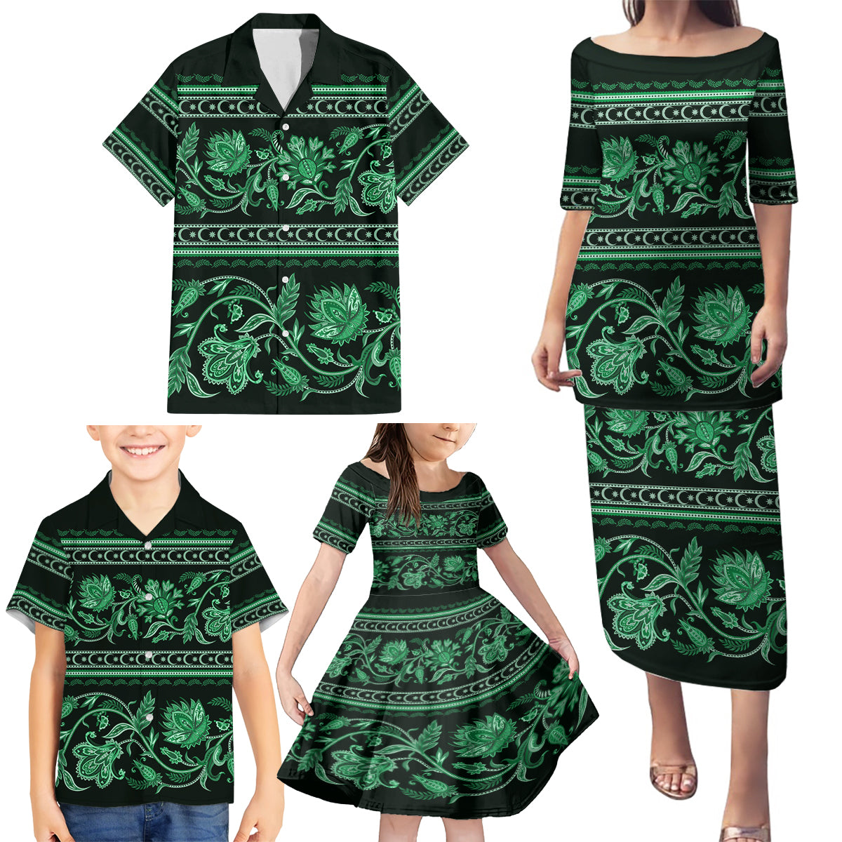 Azerbaijan Family Matching Puletasi Dress and Hawaiian Shirt Traditional Pattern Ornament With Flowers Buta Green - Wonder Print Shop