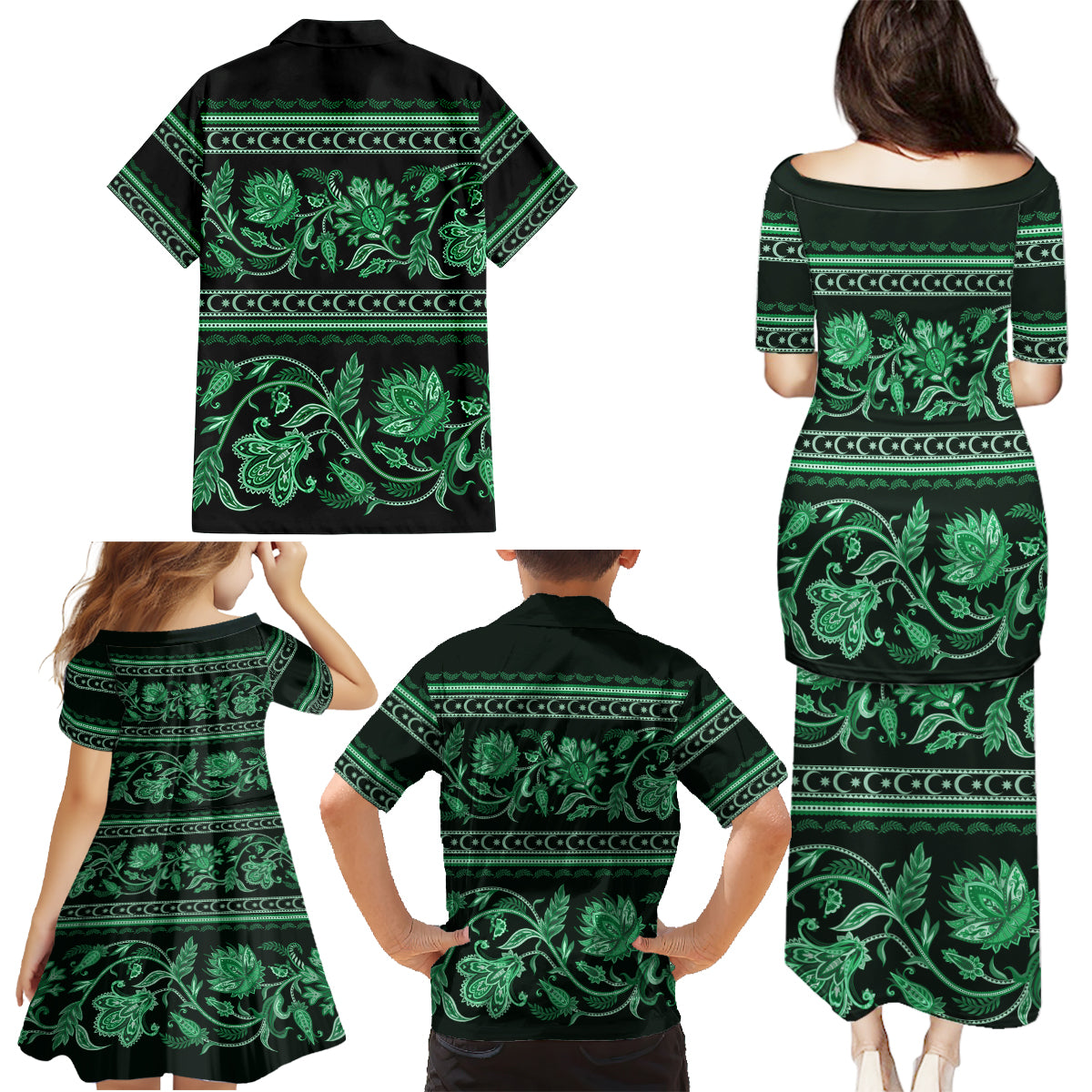 Azerbaijan Family Matching Puletasi Dress and Hawaiian Shirt Traditional Pattern Ornament With Flowers Buta Green - Wonder Print Shop