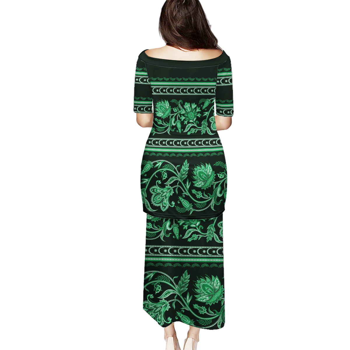 Azerbaijan Family Matching Puletasi Dress and Hawaiian Shirt Traditional Pattern Ornament With Flowers Buta Green - Wonder Print Shop
