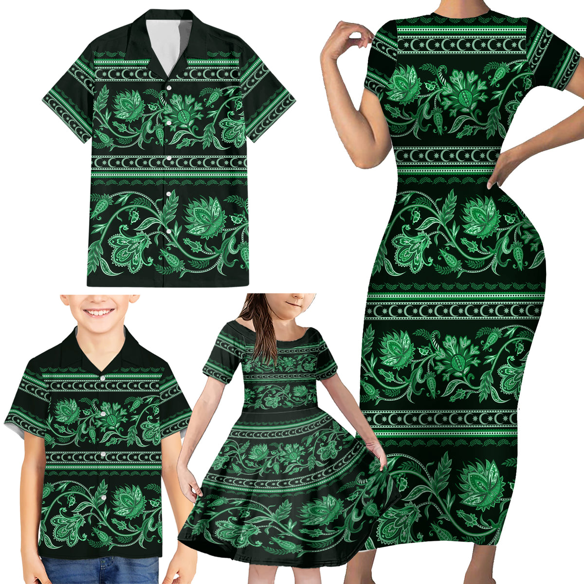 Azerbaijan Family Matching Short Sleeve Bodycon Dress and Hawaiian Shirt Traditional Pattern Ornament With Flowers Buta Green - Wonder Print Shop