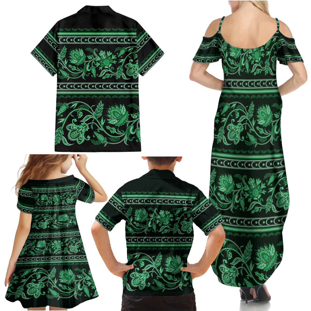 Azerbaijan Family Matching Summer Maxi Dress and Hawaiian Shirt Traditional Pattern Ornament With Flowers Buta Green - Wonder Print Shop