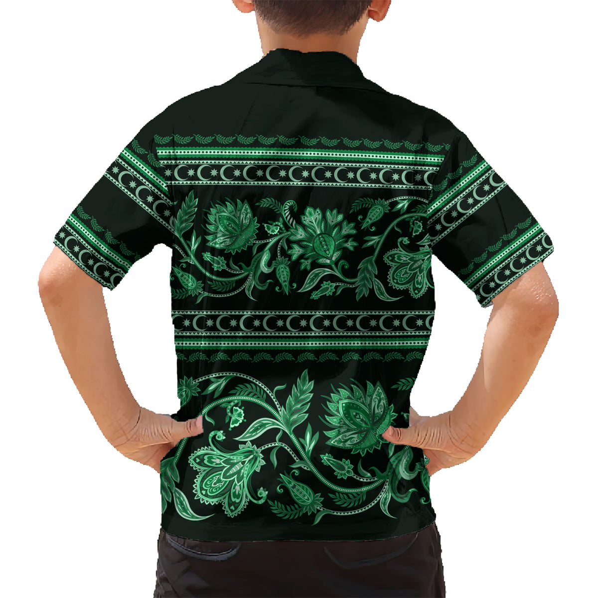 Azerbaijan Kid Hawaiian Shirt Traditional Pattern Ornament With Flowers Buta Green - Wonder Print Shop